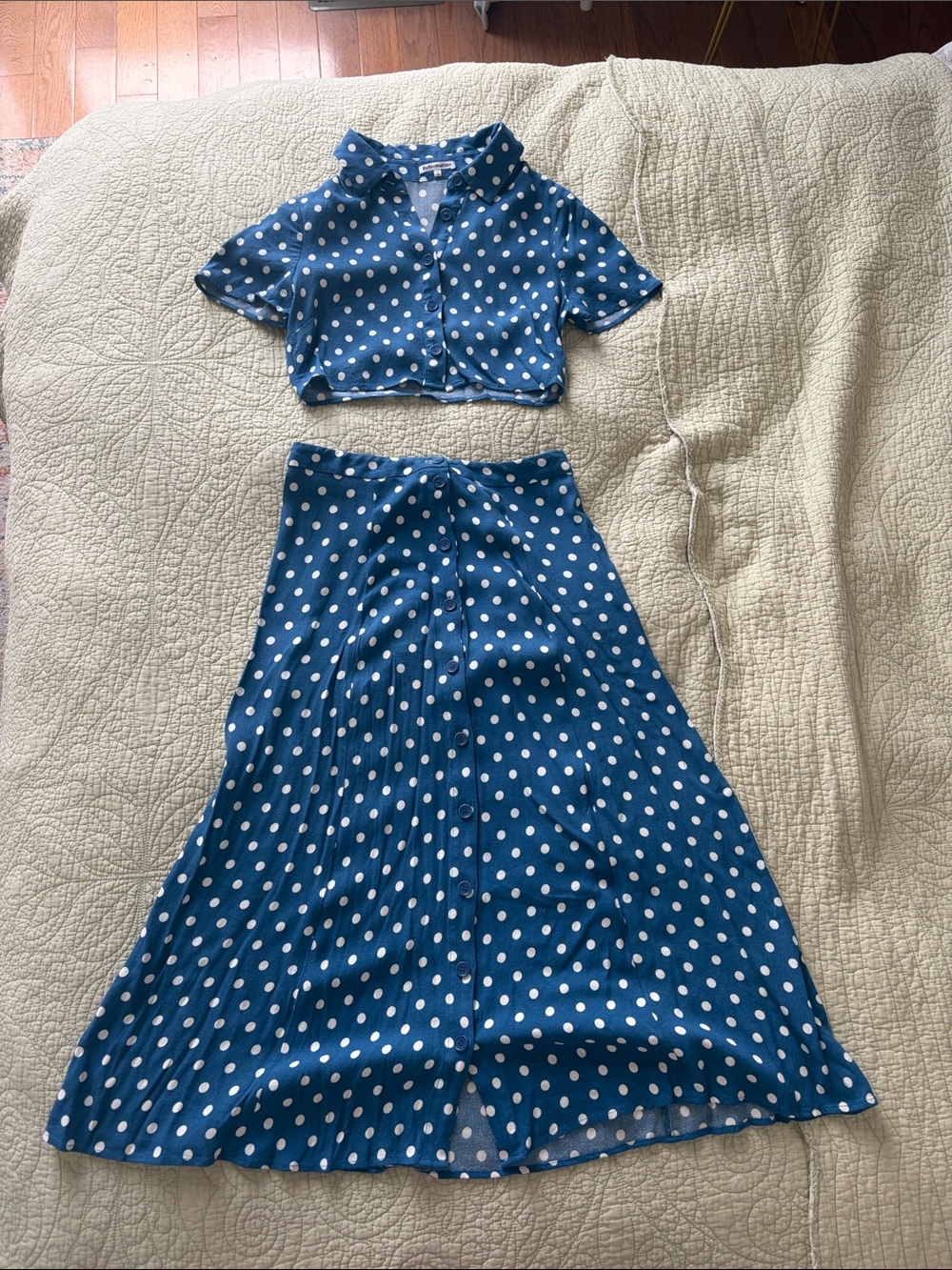 Reformation Blue Polka Dot shirt/ skirt combo